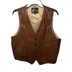 Vintage Leather Vest Mens 42 Brown Western Retro Work Wear Patchwork Buttons